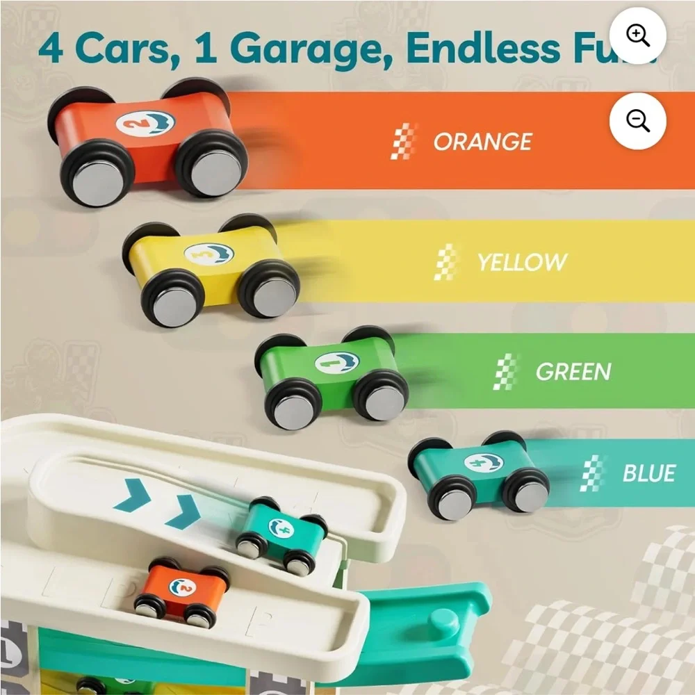 Toddler Montessori Style Wooden RaceTrack Car Ramp Toy w/ 4 Mini Cars